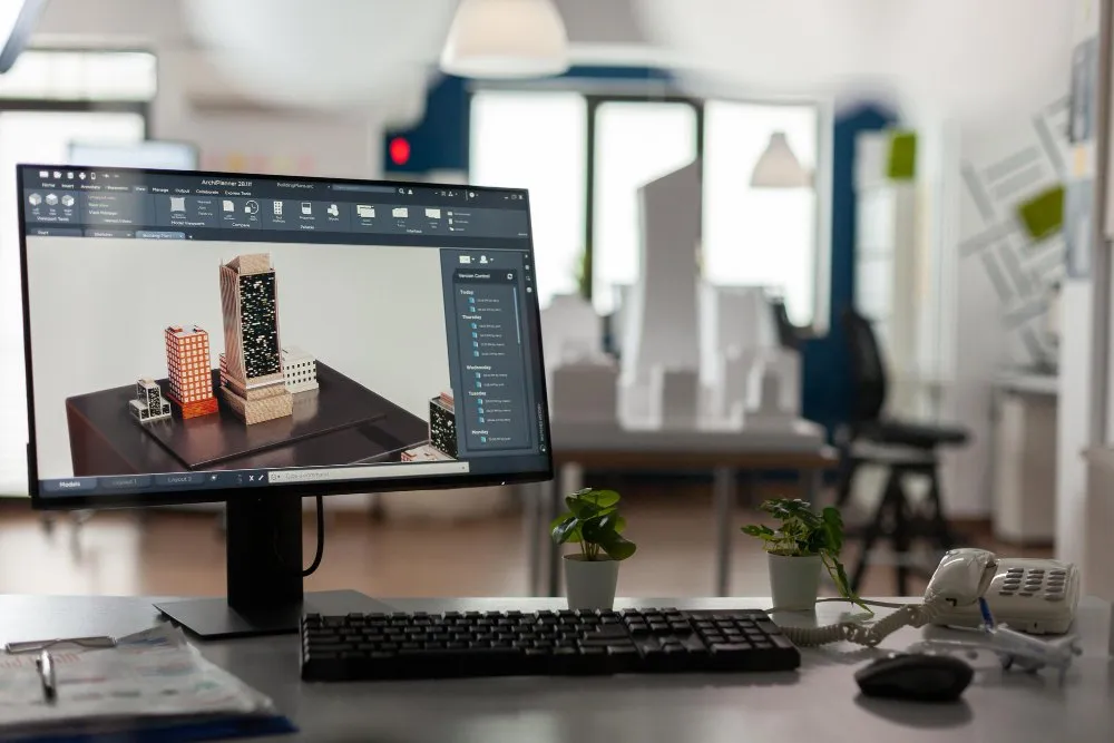 Modélisation 3D d’un projet architectural d'immeuble sur un ordinateur dans un bureau d’architectes
